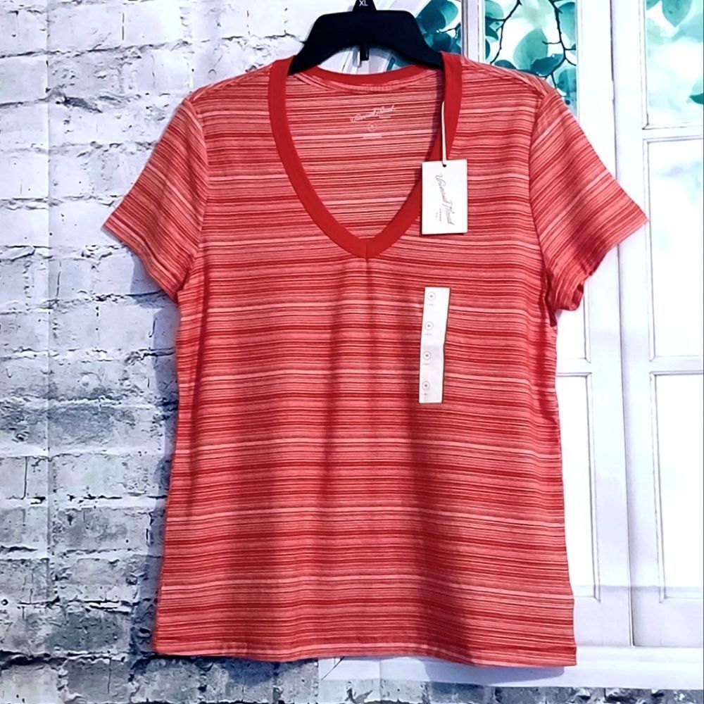 Universal thread SALMON PINK AND WHITE STRIPED 100% COTTON T-SHIRT LADIES SIZE M